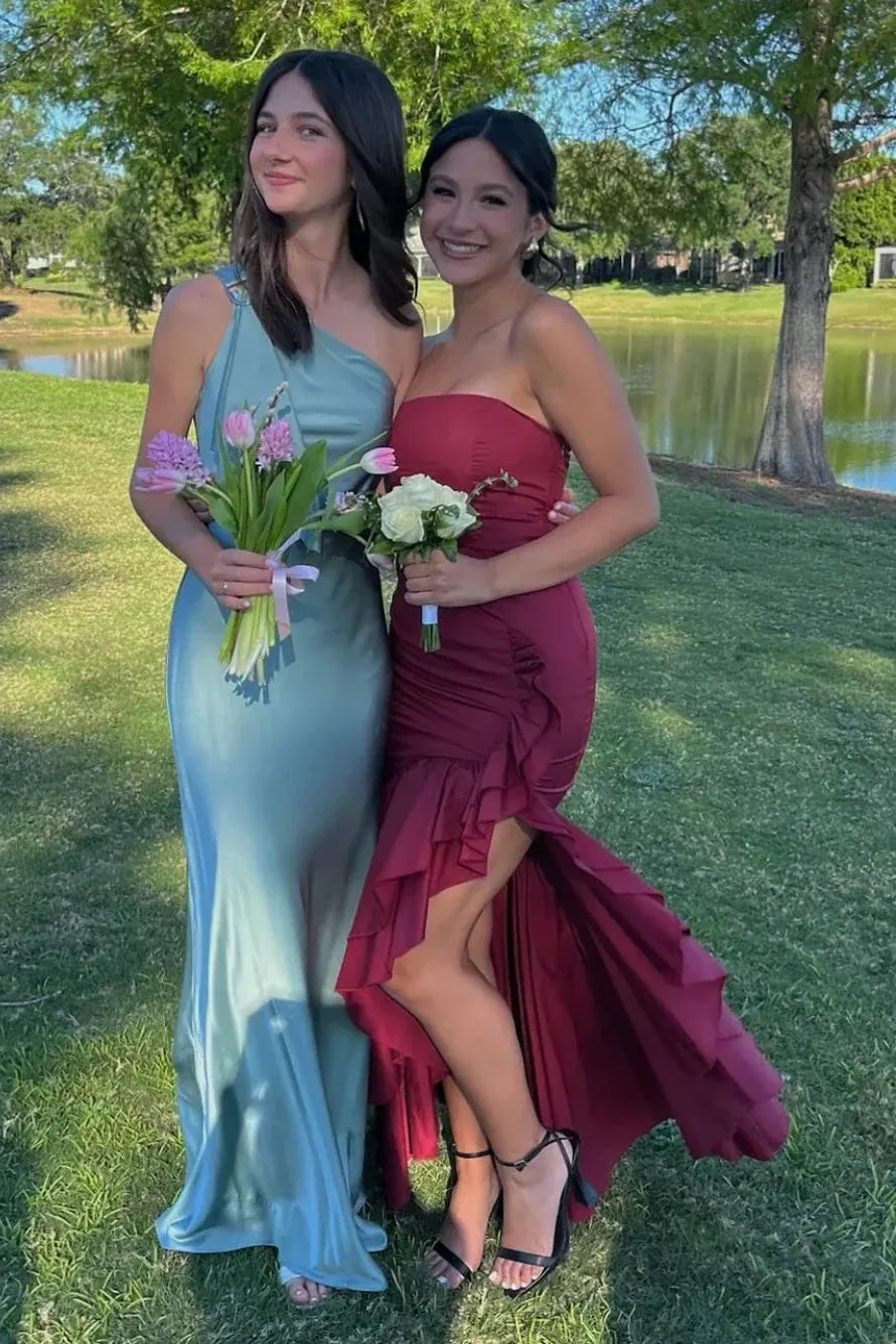 Elegant Ruffled Strapless Sleeveless Satin Maxi Prom Dress With Slit