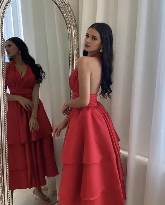 Robe de bal élégante en satin, dos nu, coupe trapèze, plissée, longueur thé 