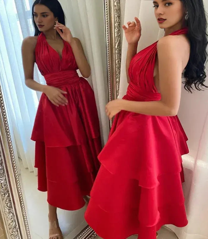 Robe de bal élégante en satin, dos nu, coupe trapèze, plissée, longueur thé 