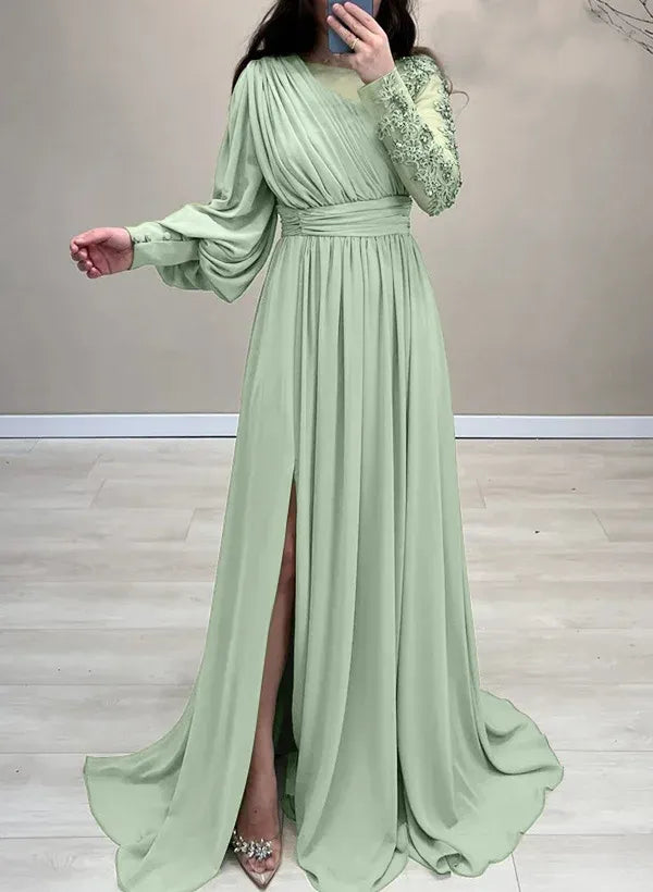 Elegant Scoop Neck Sleeveless A-Line Appliques Chiffon Long Prom Dress