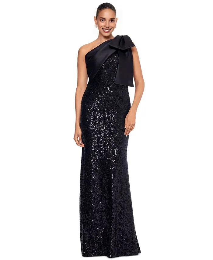 Elegant Sheath Asymmetric Neck Sleeveless Sequins Bow knot Floor-Length Prom Dress