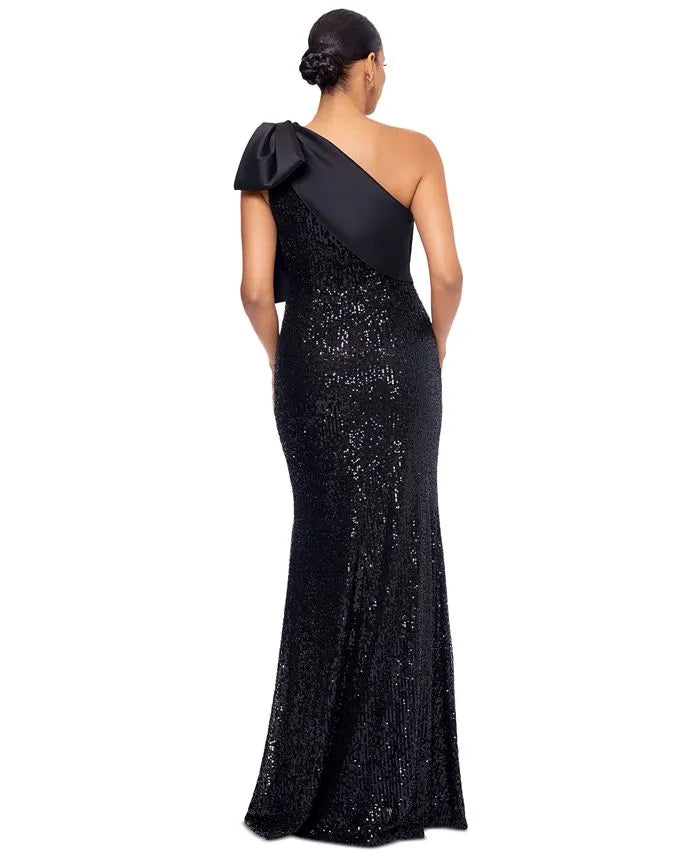 Elegant Sheath Asymmetric Neck Sleeveless Sequins Bow knot Floor-Length Prom Dress