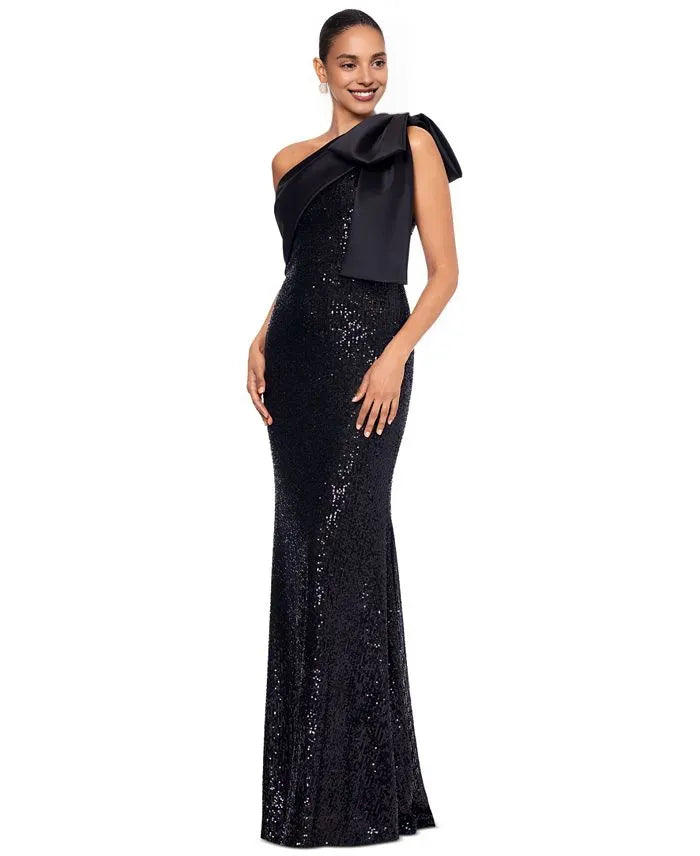 Elegant Sheath Asymmetric Neck Sleeveless Sequins Bow knot Floor-Length Prom Dress