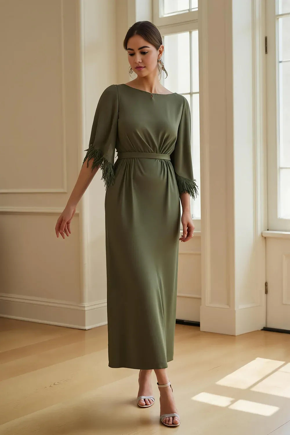 Elegant Sheath Boat Neck Short Sleeve Keyhole Back Ankle-Length Mother of the Bride Dress
