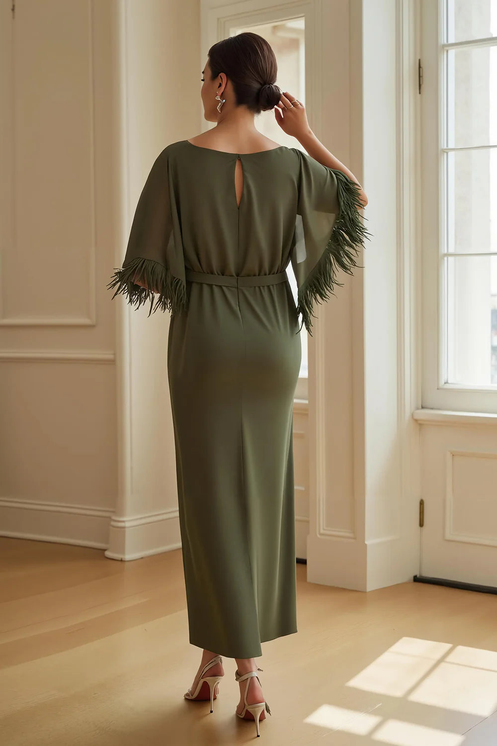 Elegant Sheath Boat Neck Short Sleeve Keyhole Back Ankle-Length Mother of the Bride Dress