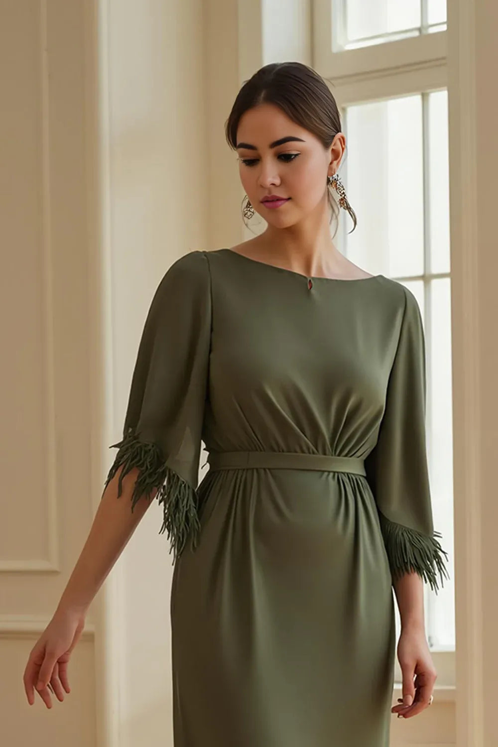 Elegant Sheath Boat Neck Short Sleeve Keyhole Back Ankle-Length Mother of the Bride Dress