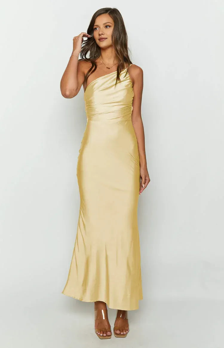 Elegant Sheath/Column Asymmetrical Neck Sleeveless Cowl Back Floor-Length Prom Dress