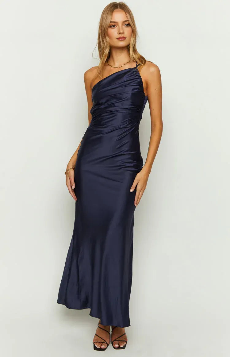 Elegant Sheath/Column Asymmetrical Neck Sleeveless Cowl Back Floor-Length Prom Dress