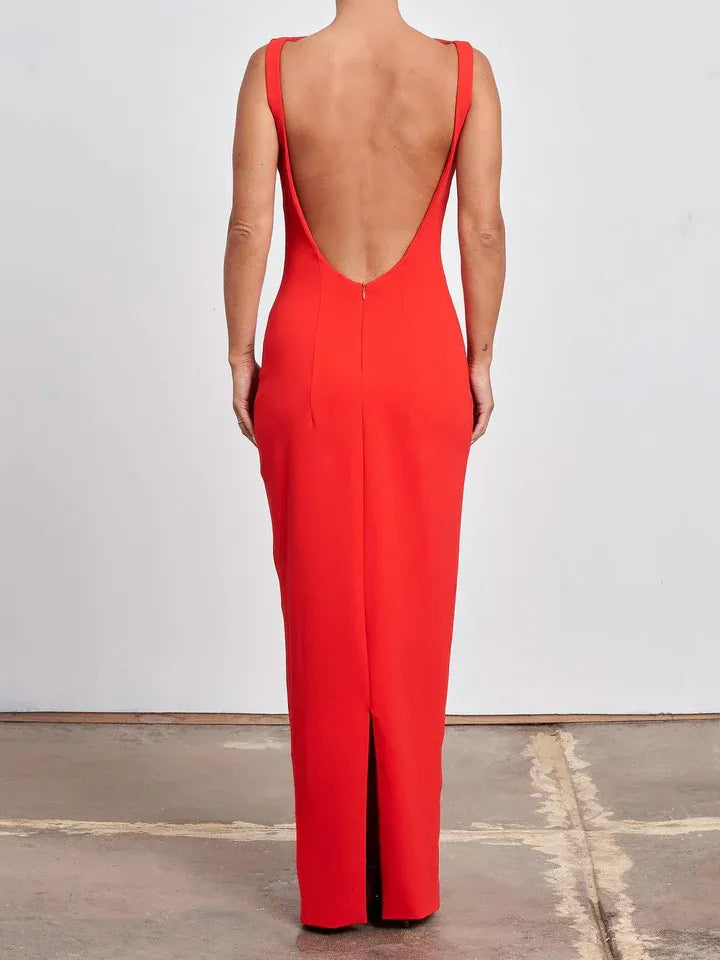 Elegant Sheath/Column Boat Neck Sleeveless Backless Floor-Length Prom Dress