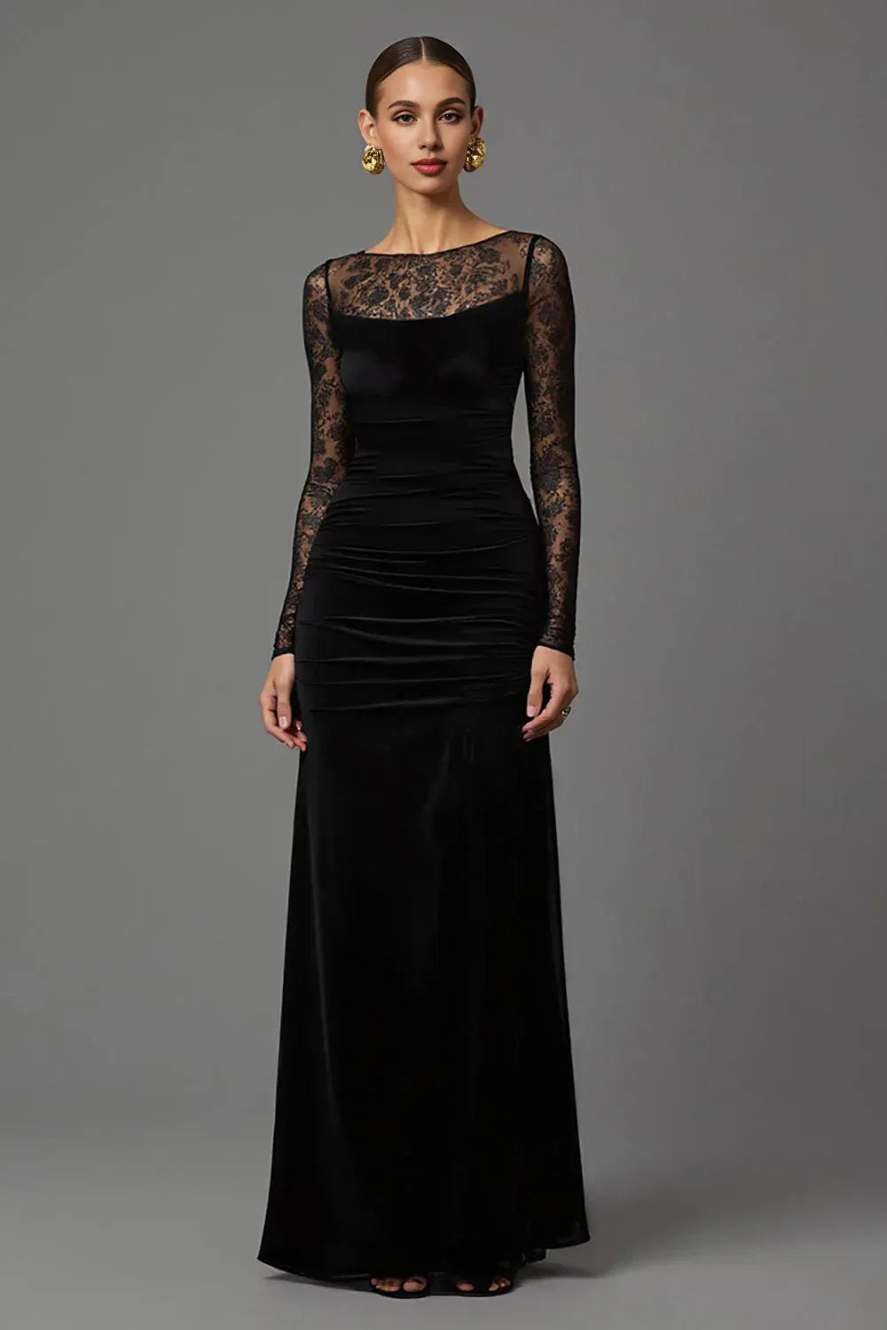 Elegant Sheath/Column Illusion Boat Neck Long Sleeve Velvet Floor-Length Evening Dress