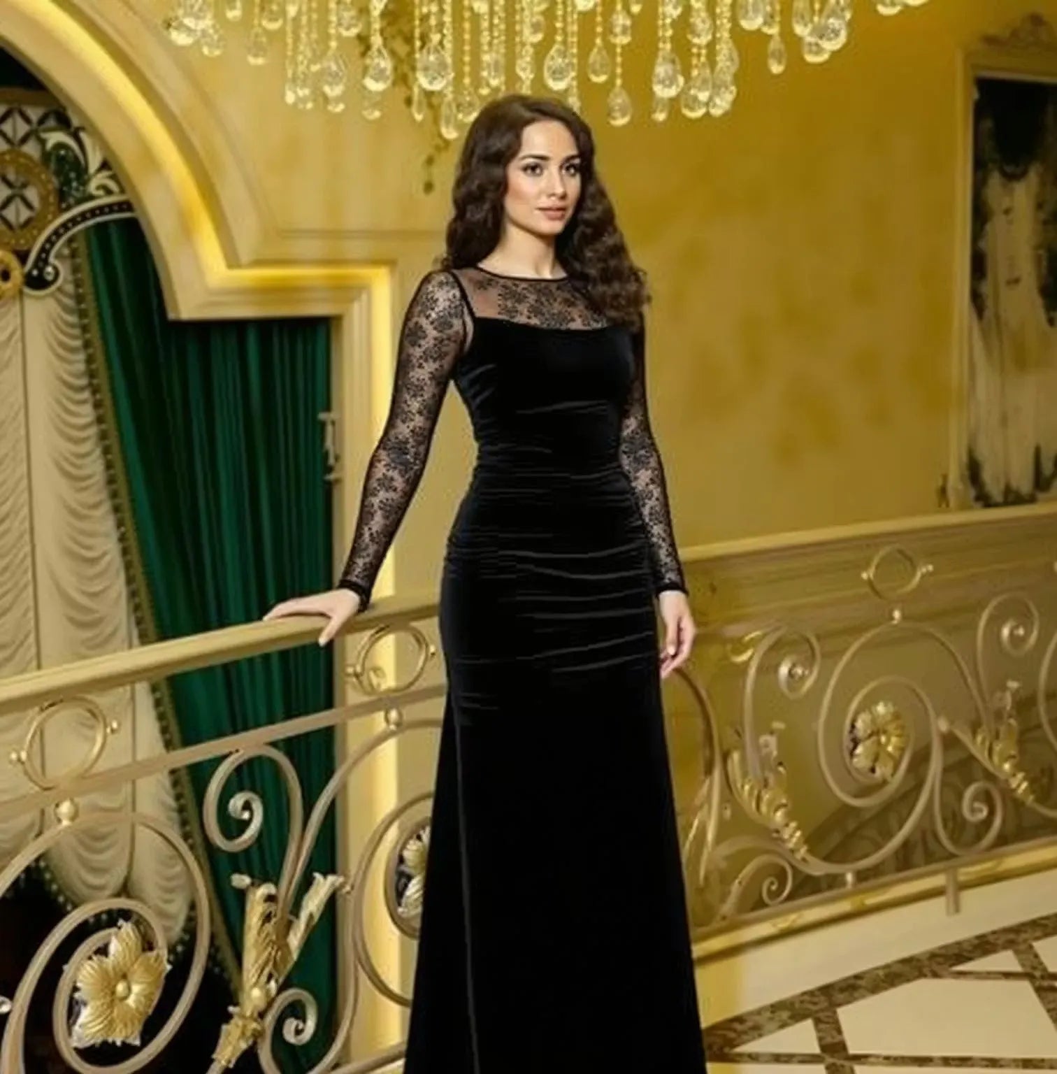 Elegant Sheath/Column Illusion Boat Neck Long Sleeve Velvet Floor-Length Evening Dress