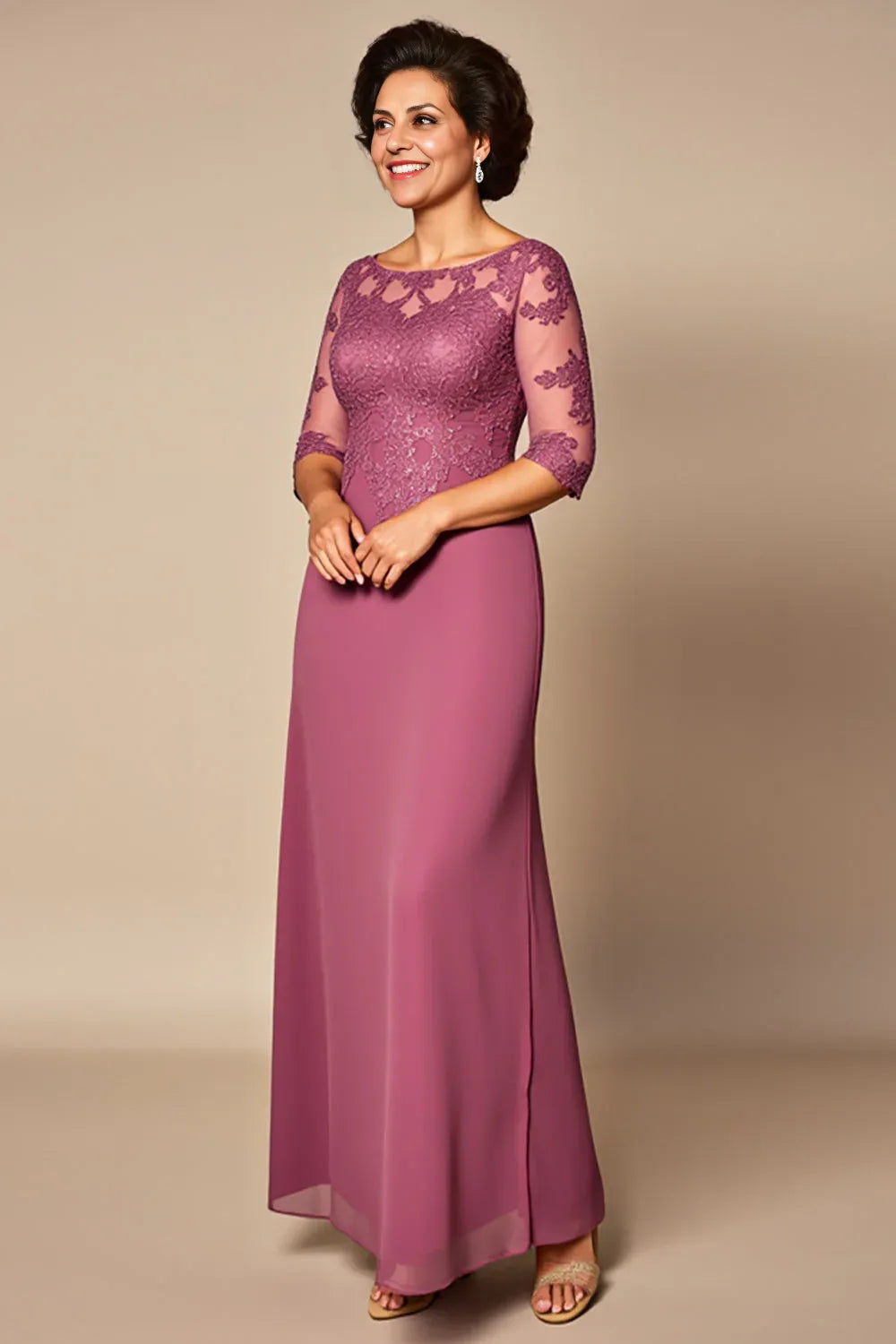 Elegant Sheath/Column Illusion Neck Short Sleeves Zipper Up Floor-Length Mother of the Bride Dress