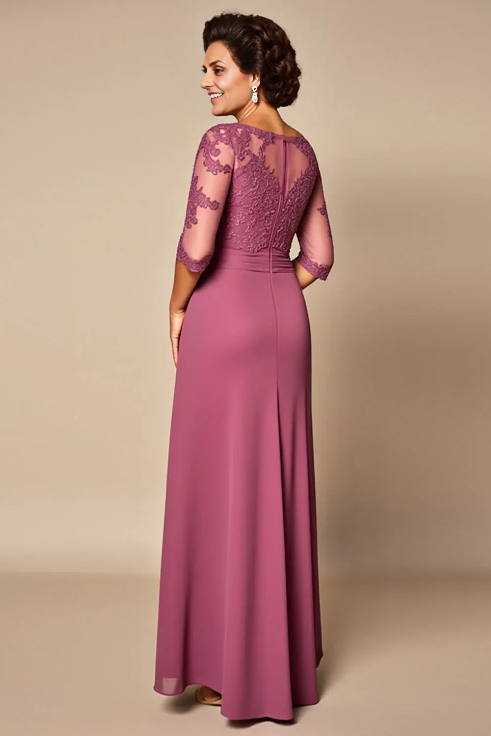 Elegant Sheath/Column Illusion Neck Short Sleeves Zipper Up Floor-Length Mother of the Bride Dress