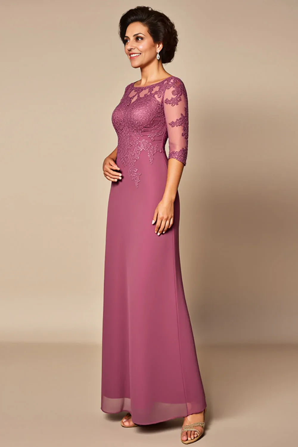Elegant Sheath/Column Illusion Neck Short Sleeves Zipper Up Floor-Length Mother of the Bride Dress