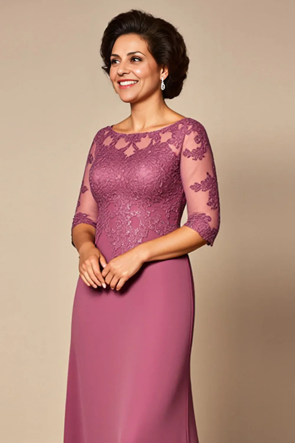 Elegant Sheath/Column Illusion Neck Short Sleeves Zipper Up Floor-Length Mother of the Bride Dress