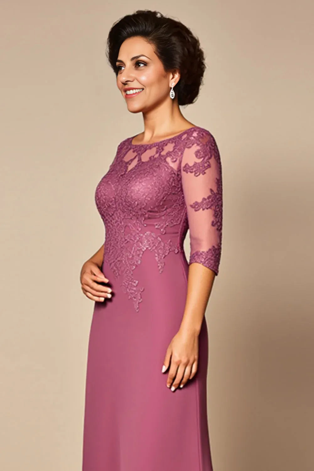 Elegant Sheath/Column Illusion Neck Short Sleeves Zipper Up Floor-Length Mother of the Bride Dress