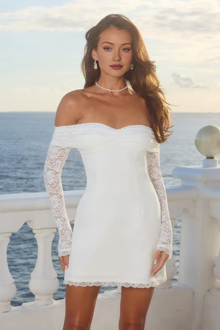Elegant Sheath/Column Off the shoulder Long Sleeve Zipper Up Short-Mini Homecoming Dress