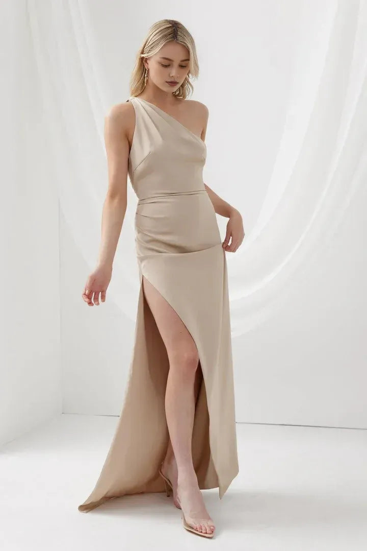 Elegant Sheath/Column One Shoulder Sleeveless Satin Floor-Length Prom Dress