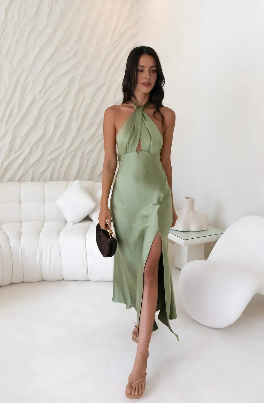 Elegant Sheath Halter Neck Sleeveless Open Back Ankle-Length Cocktail Dress