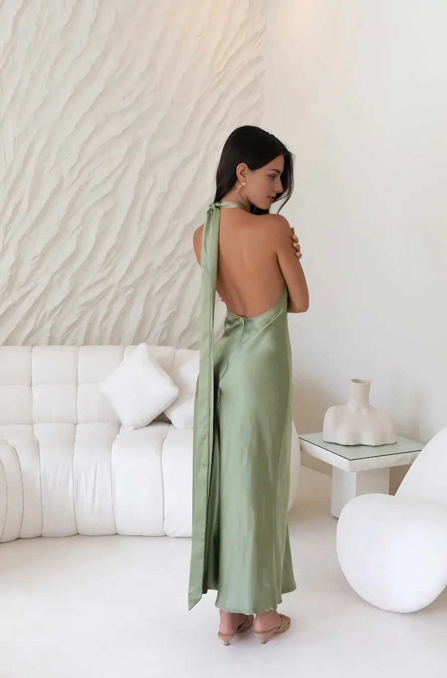 Elegant Sheath Halter Neck Sleeveless Open Back Ankle-Length Cocktail Dress