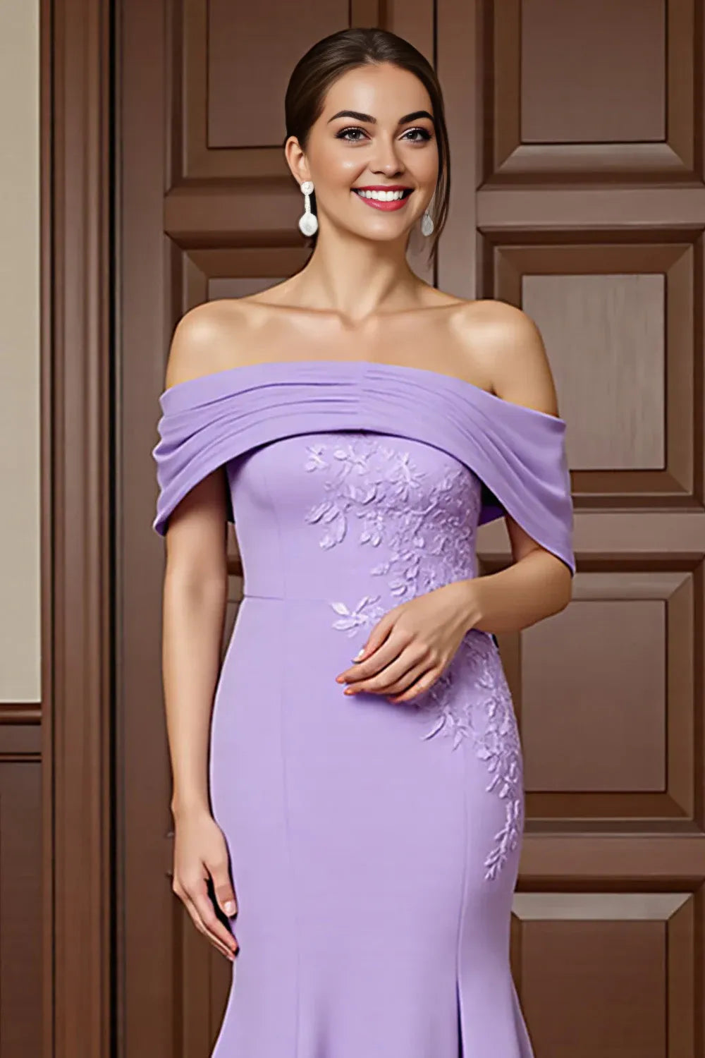Elegant Sheath Off the Shoulder Dropped Shoulder Sleeves Backless Sweep/Brush Train Mother of the Bride Dress