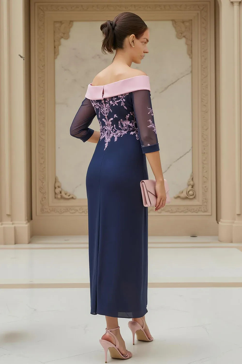 Elegant Sheath Off the Shoulder Long Sleeve Zipper Up Ankle-Length Mother of the Bride Dress