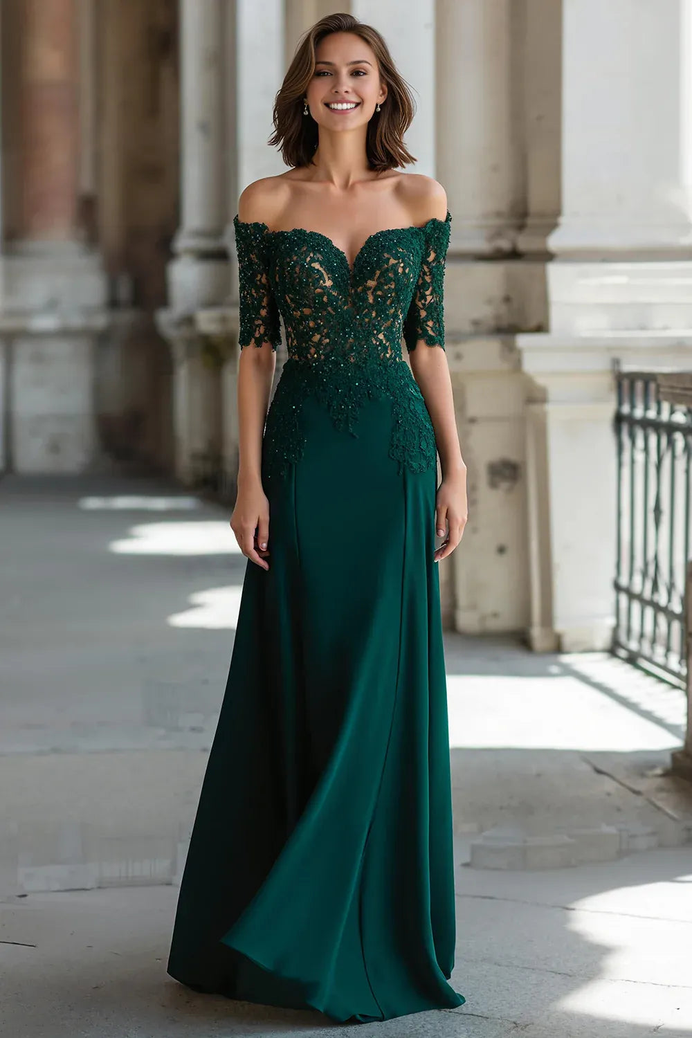 Elegant Sheath Off the Shoulder Short Sleeve Zipper Up Floor-Length Mother of the Bride Dress