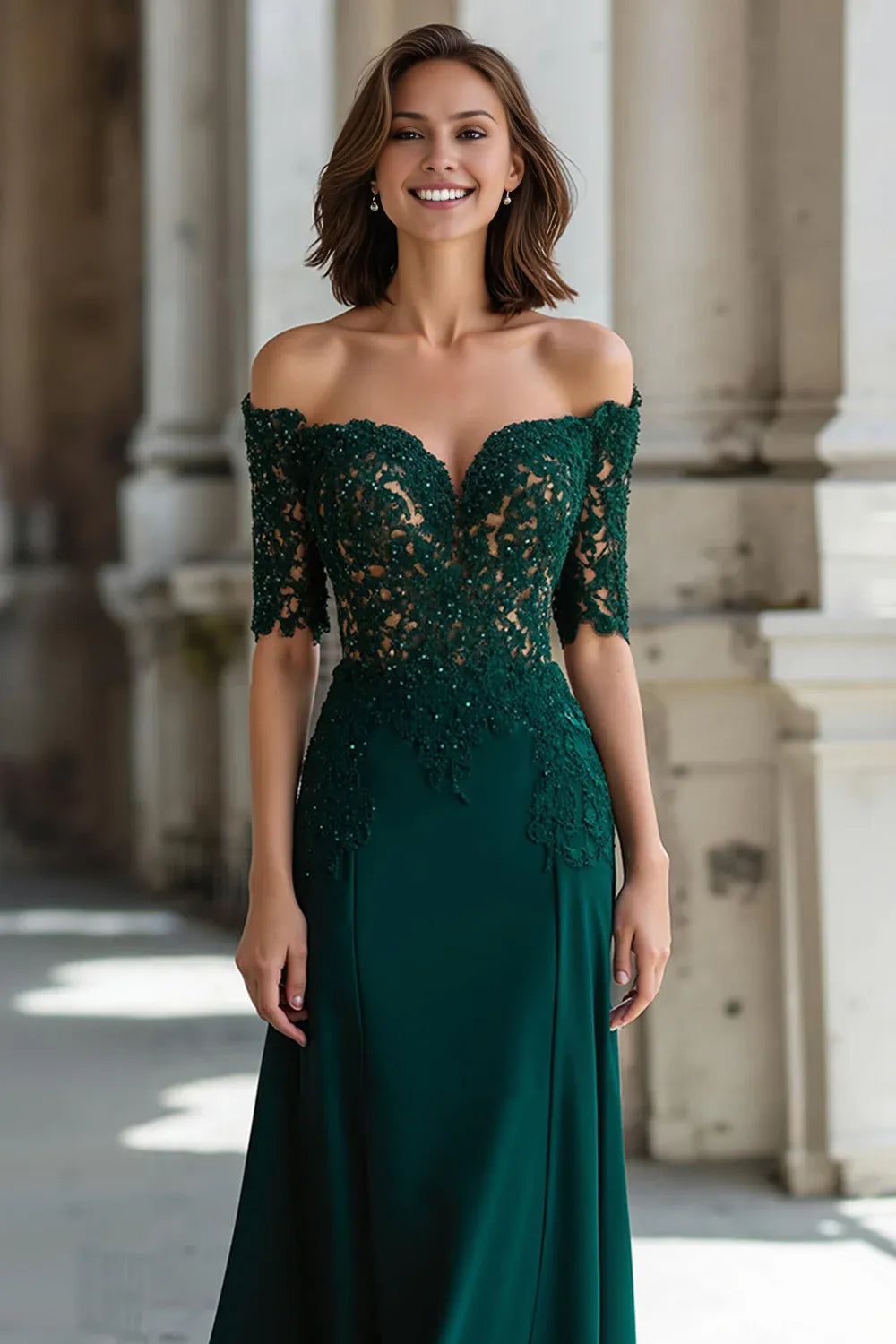 Elegant Sheath Off the Shoulder Short Sleeve Zipper Up Floor-Length Mother of the Bride Dress