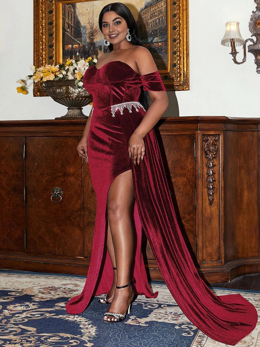 Elegant Sheath Off the Shoulder Sleeveless Backless Floor-Length Plus Size Prom Dress