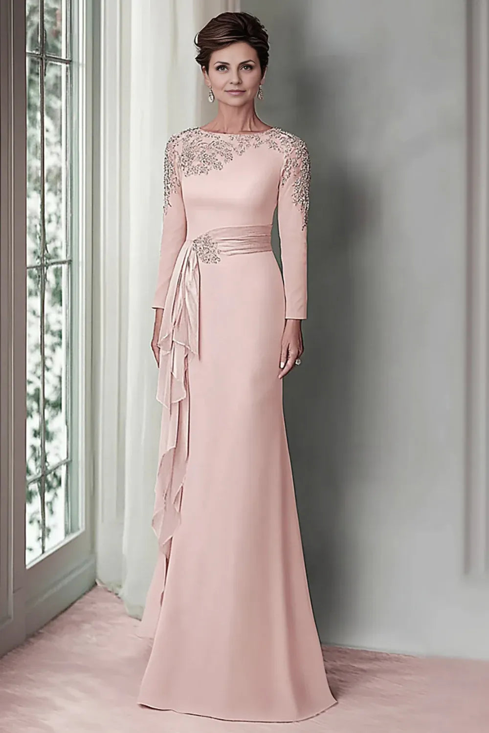 Elegant Sheath Scoop Neck Long Sleeve Zipper Up Floor-Length Mother of the Bride Dress