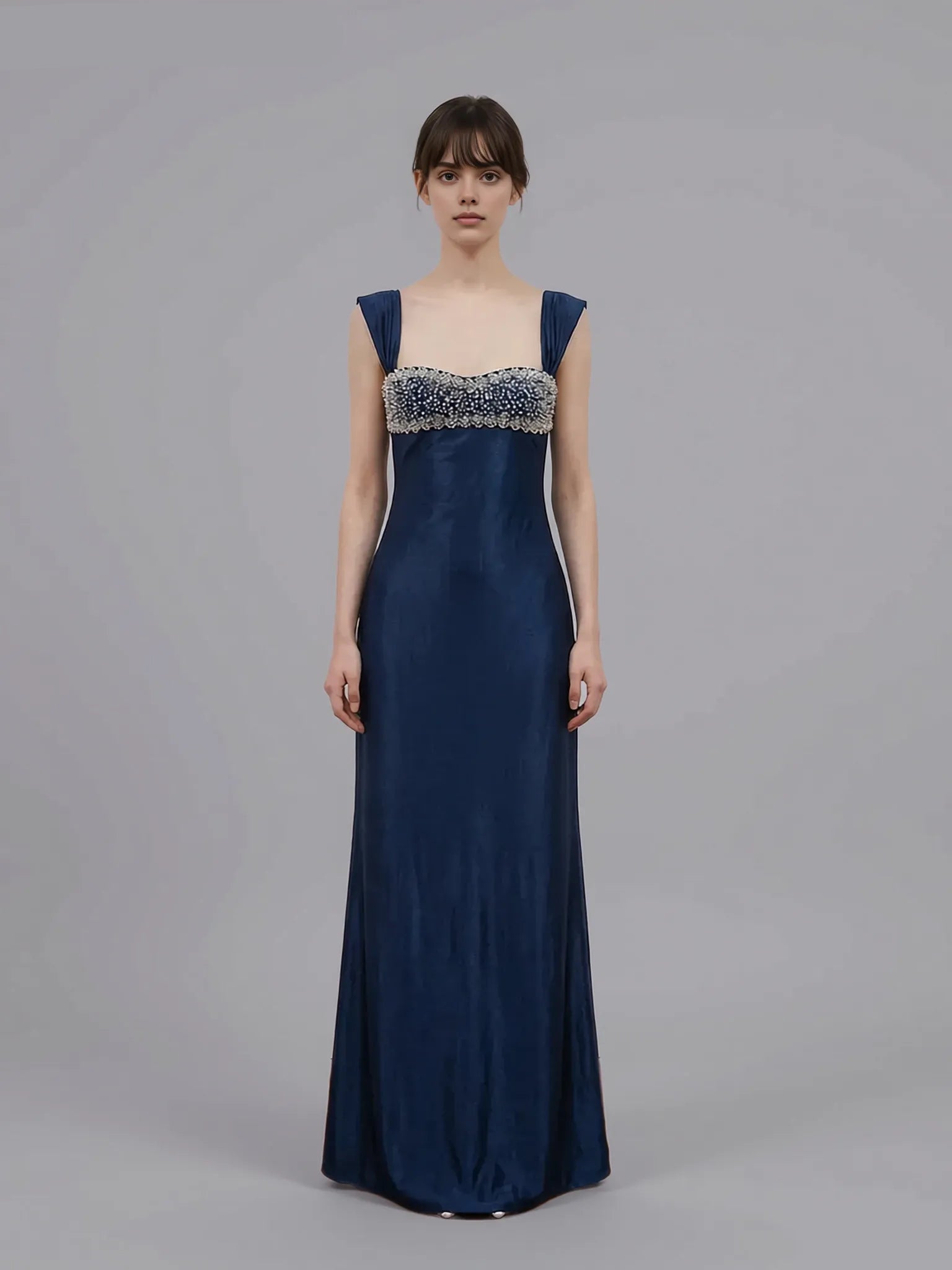 Elegant Sheath Square Neck Beaded Sleeveless Satin Maxi Prom Dress