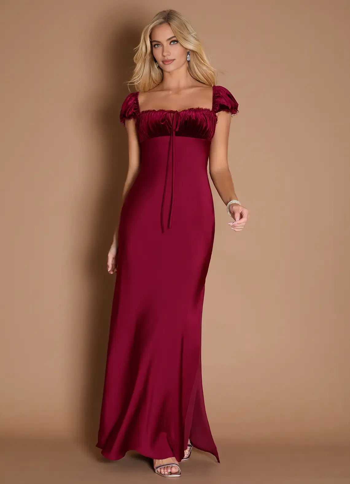 Elegant Sheath Square Neck Cap Sleeve Backless Floor-Length Evening Dress