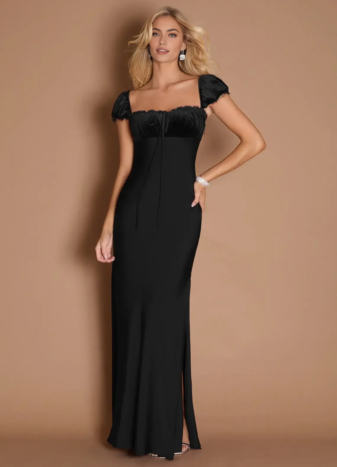 Elegant Sheath Square Neck Cap Sleeve Backless Floor-Length Evening Dress