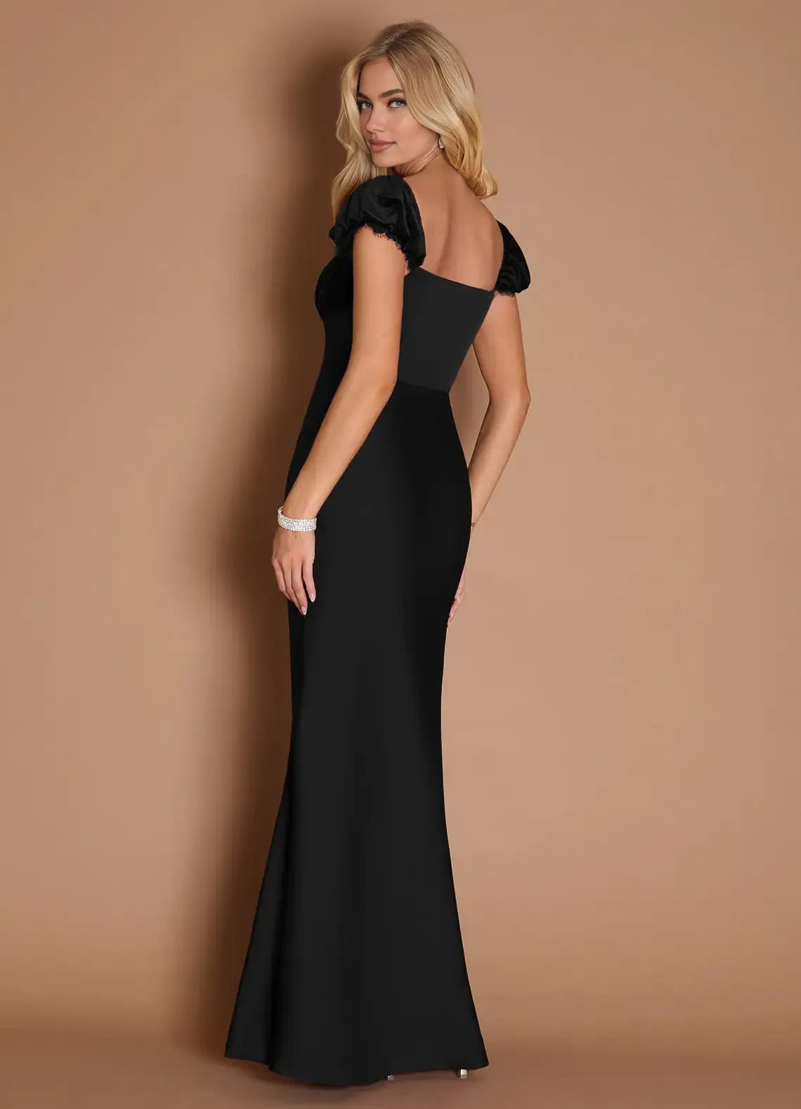 Elegant Sheath Square Neck Cap Sleeve Backless Floor-Length Evening Dress