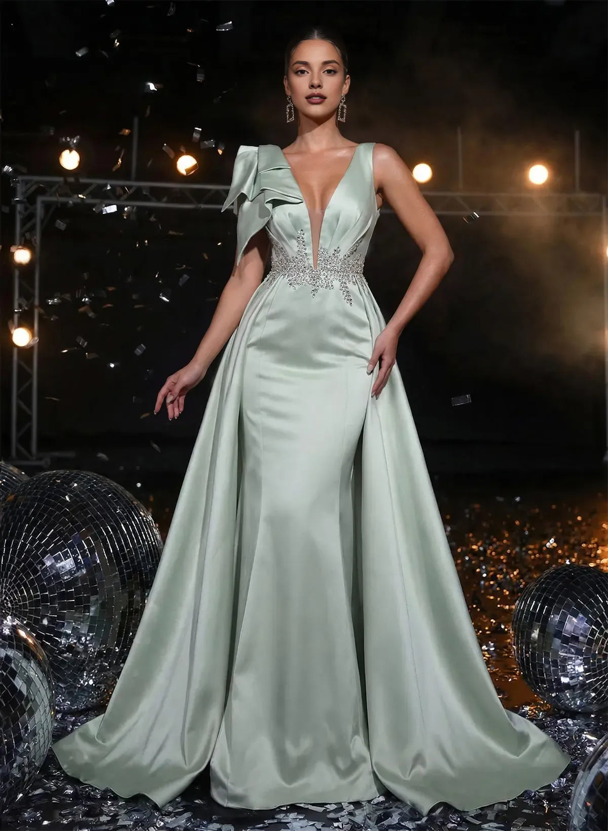 Elegant Sheath V-Neck Sleeveless Split Satin Sweep Train Prom Dress