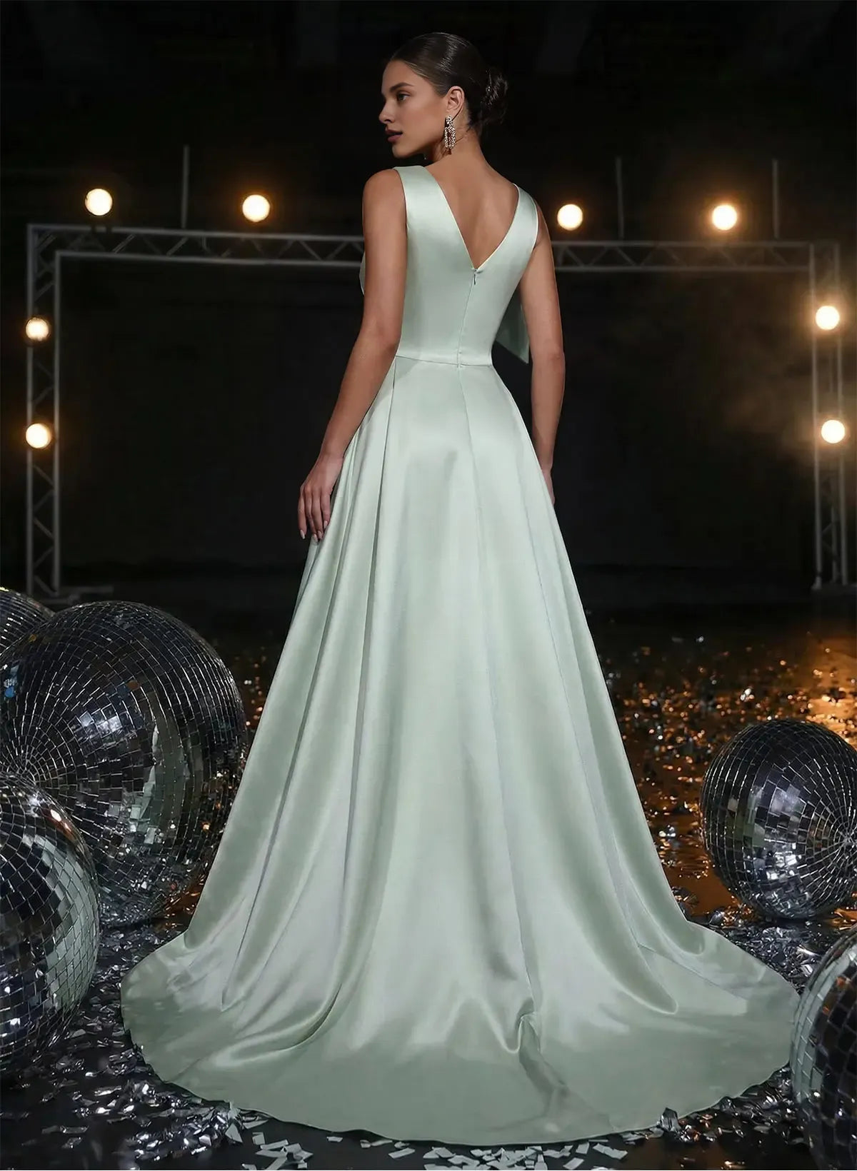 Elegant Sheath V-Neck Sleeveless Split Satin Sweep Train Prom Dress