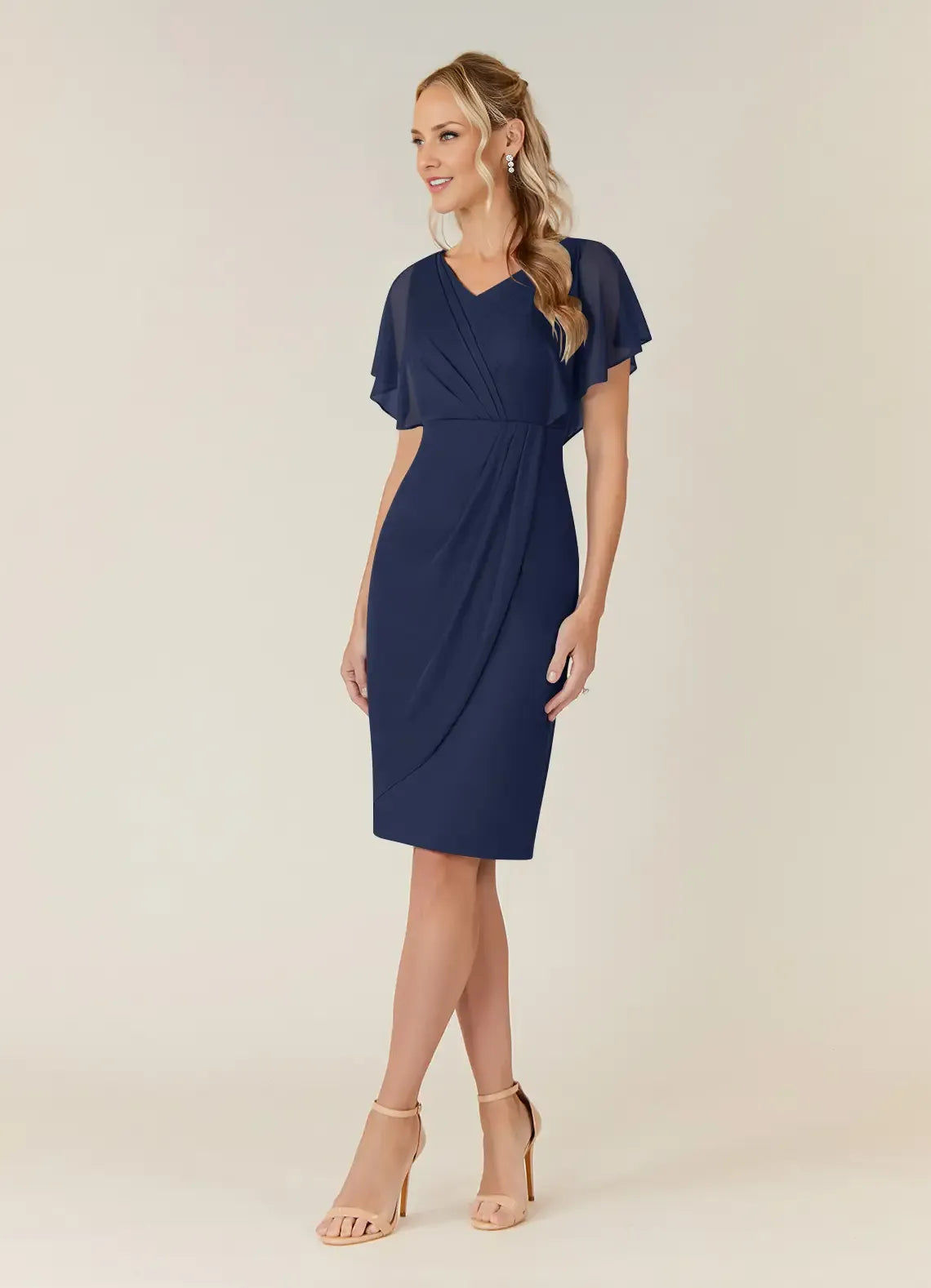 Elegant Sheath V Neck Flutter Sleeve Back Zip Knee-Length Mother of the Bride Dress