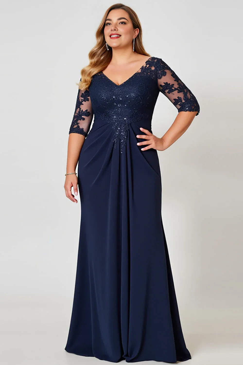 Elegant Sheath V Neck Short Sleeve Backless Floor-Length Plus Size Mother of the Bride Dress