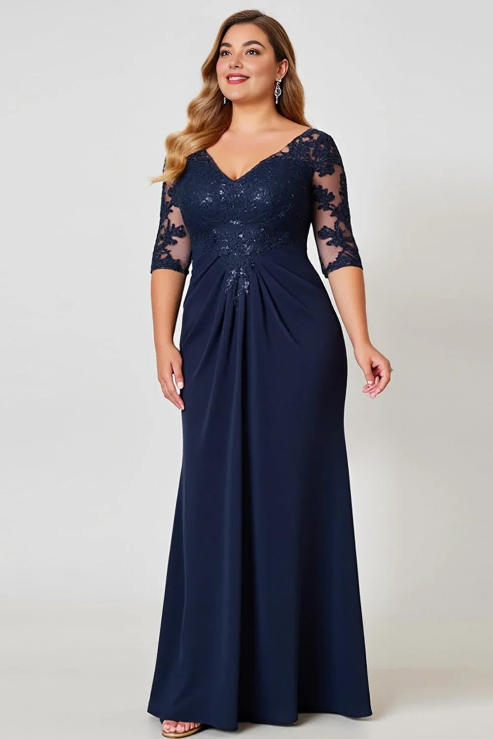 Elegant Sheath V Neck Short Sleeve Backless Floor-Length Plus Size Mother of the Bride Dress