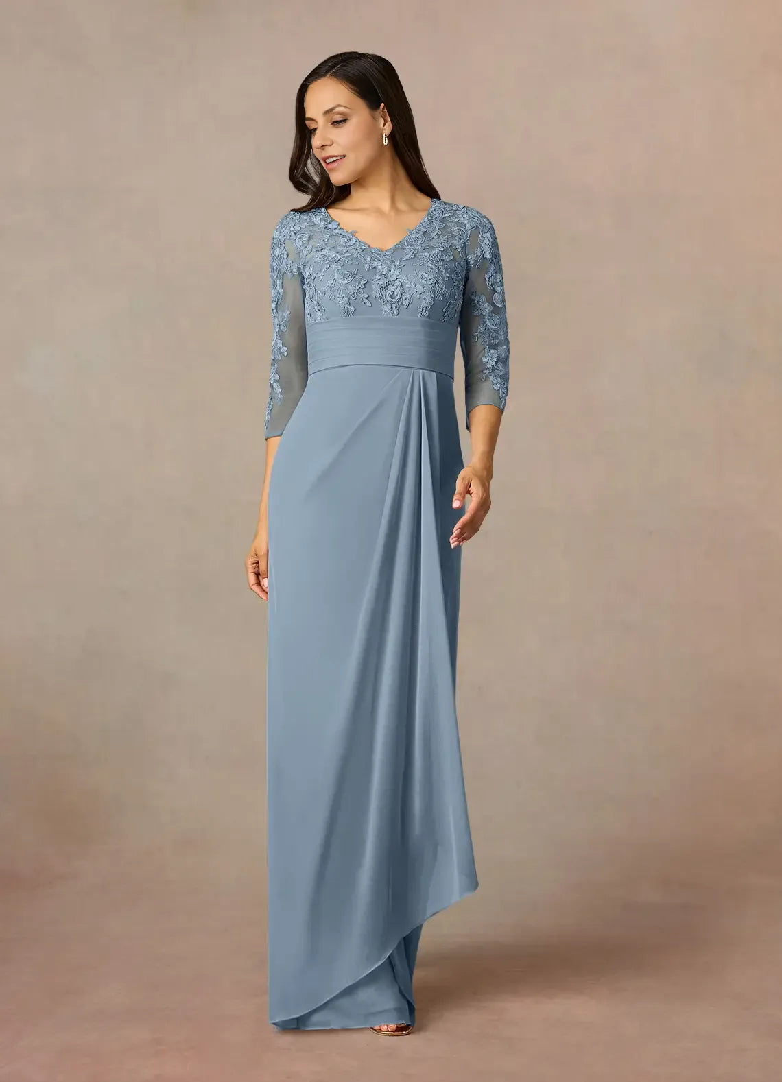 Elegant Sheath V Neck Three-Quarter Sleeve Back Zip Floor-Length Mother of the Bride Dress