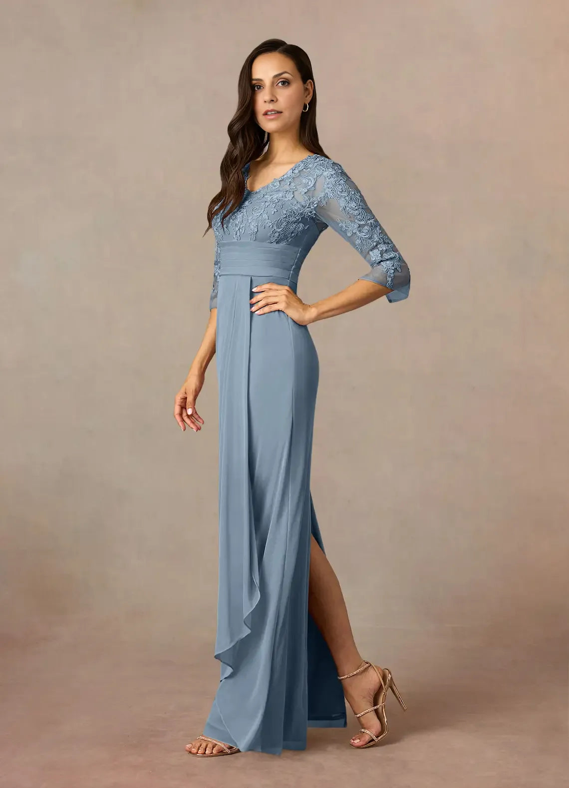 Elegant Sheath V Neck Three-Quarter Sleeve Back Zip Floor-Length Mother of the Bride Dress
