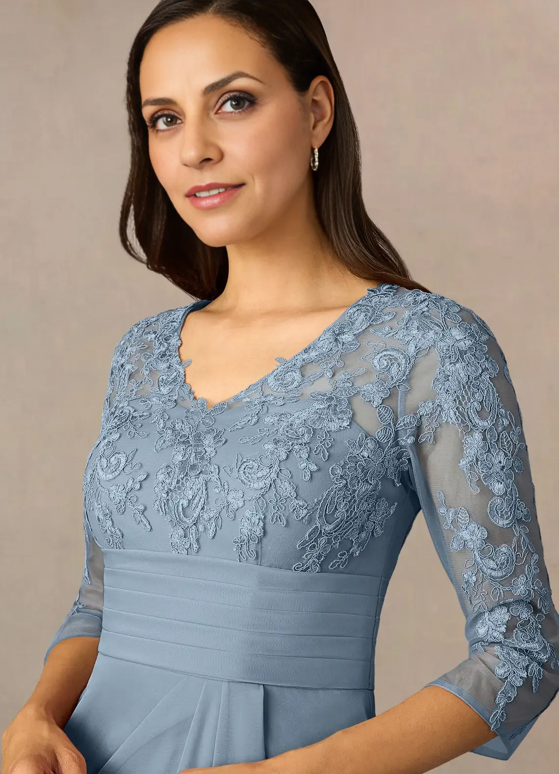 Elegant Sheath V Neck Three-Quarter Sleeve Back Zip Floor-Length Mother of the Bride Dress