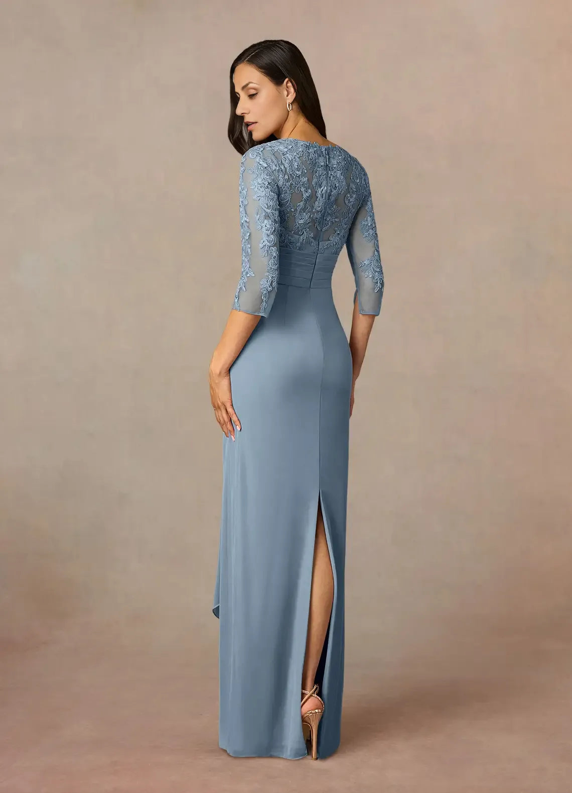 Elegant Sheath V Neck Three-Quarter Sleeve Back Zip Floor-Length Mother of the Bride Dress