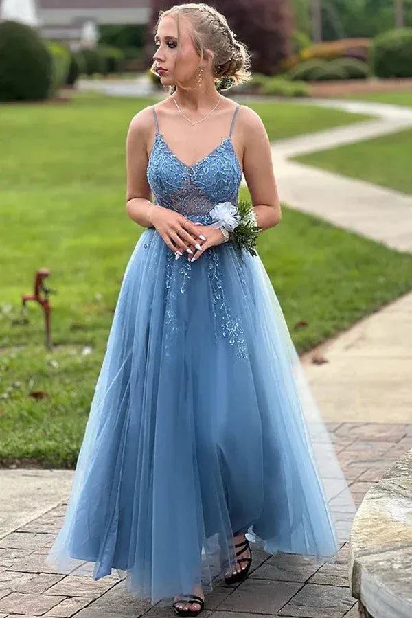 Elegant Spaghetti Strap V-Neck Beaded Tulle Ankle-Length Prom Dress