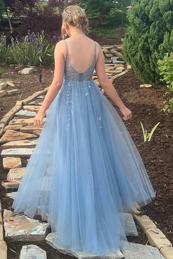 Elegant Spaghetti Strap V-Neck Beaded Tulle Ankle-Length Prom Dress