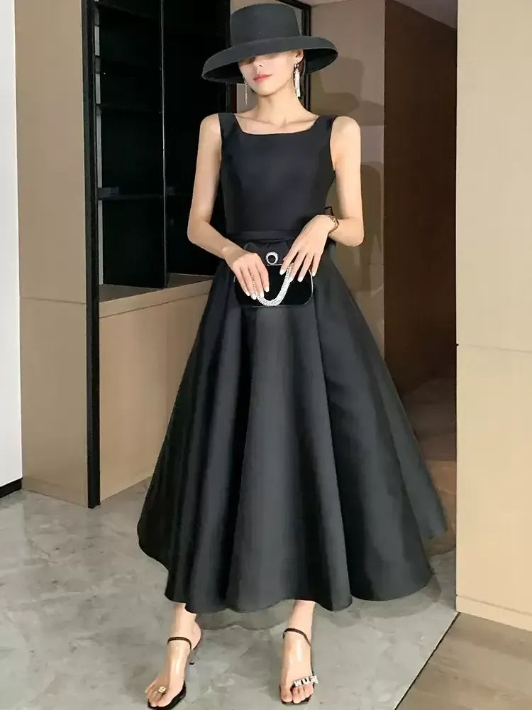 Elegant Square Neck Sleeveless A-Line Pleated Satin Ankle Length Party Dress