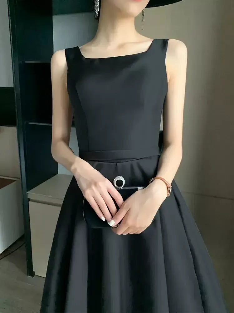 Elegant Square Neck Sleeveless A-Line Pleated Satin Ankle Length Party Dress