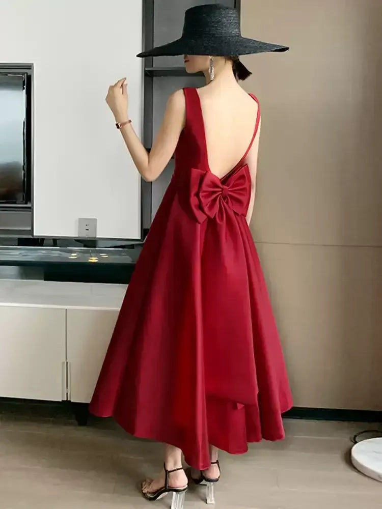 Elegant Square Neck Sleeveless A-Line Pleated Satin Ankle Length Party Dress