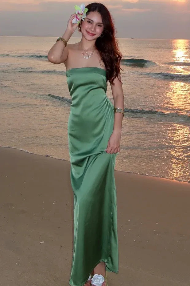 Elegant Strapless Lace-Up Open Back Satin Mermaid Maxi Dress