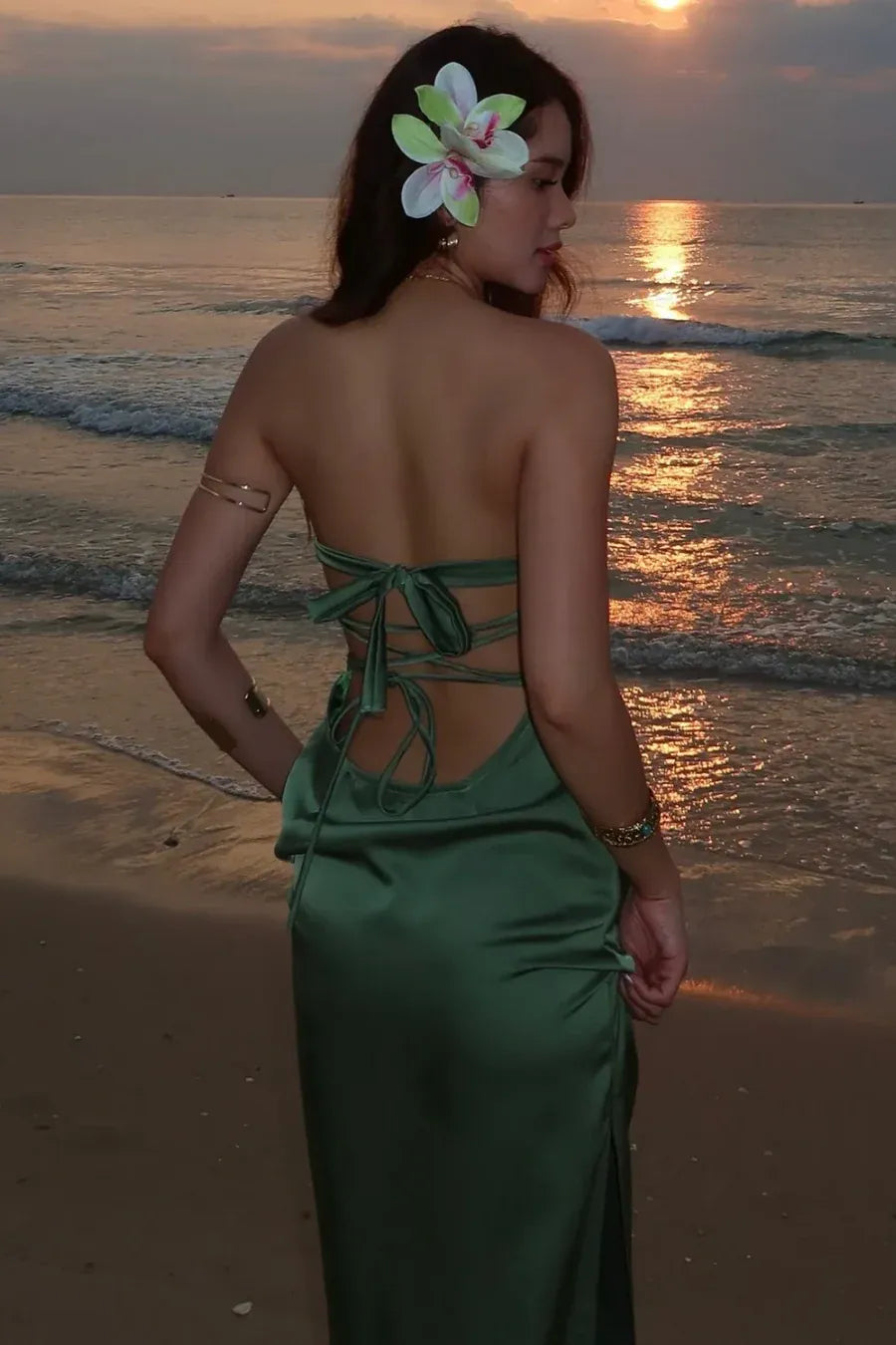 Elegant Strapless Lace-Up Open Back Satin Mermaid Maxi Dress